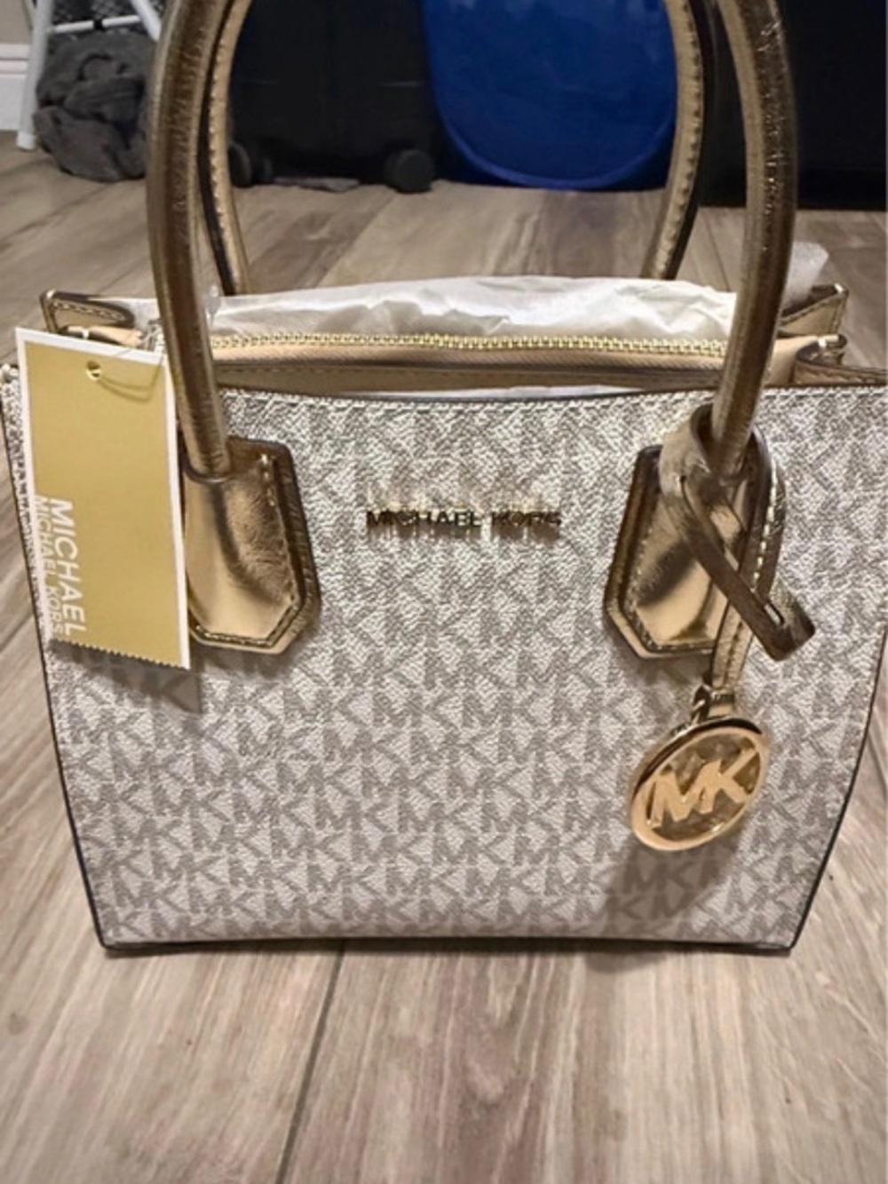Michael Kors White and Gold Logo Tote with Metallic Accents